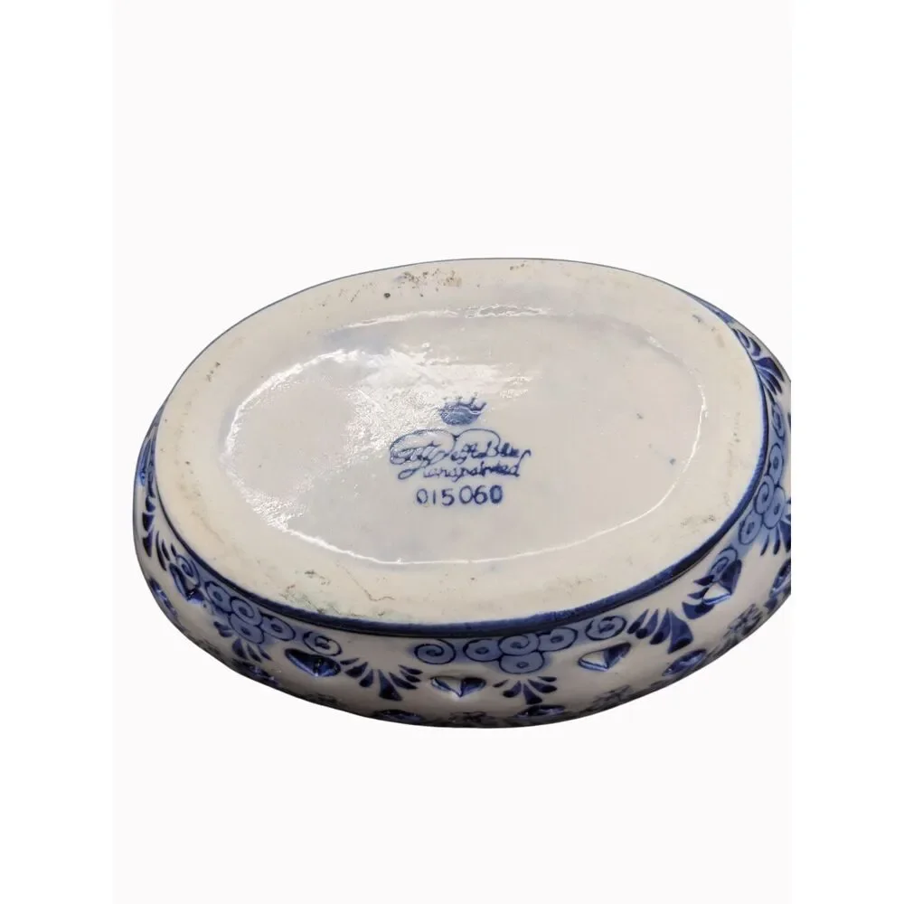 Delft Blue Reticulated Trinket Dish & Puppy Dog Candle Holder Holland VTG